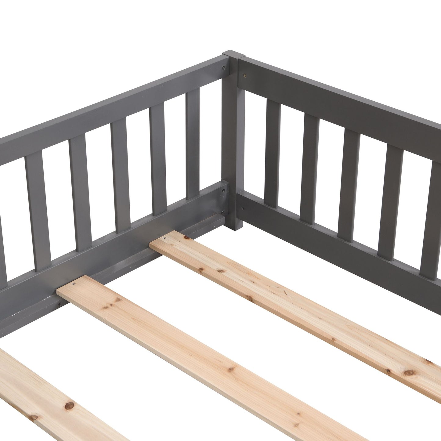 Full Size Floor Bed with Door, Solid Wood Platform Bed Frame with Fence, Suitable for children, Pine Wood