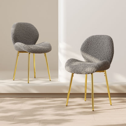 Modern minimalist white teddy velvet Dining Chairs Set of 2 with sturdy gold metal legs and comfortable backrest design, suitable for restaurants, kitchens, and offices.