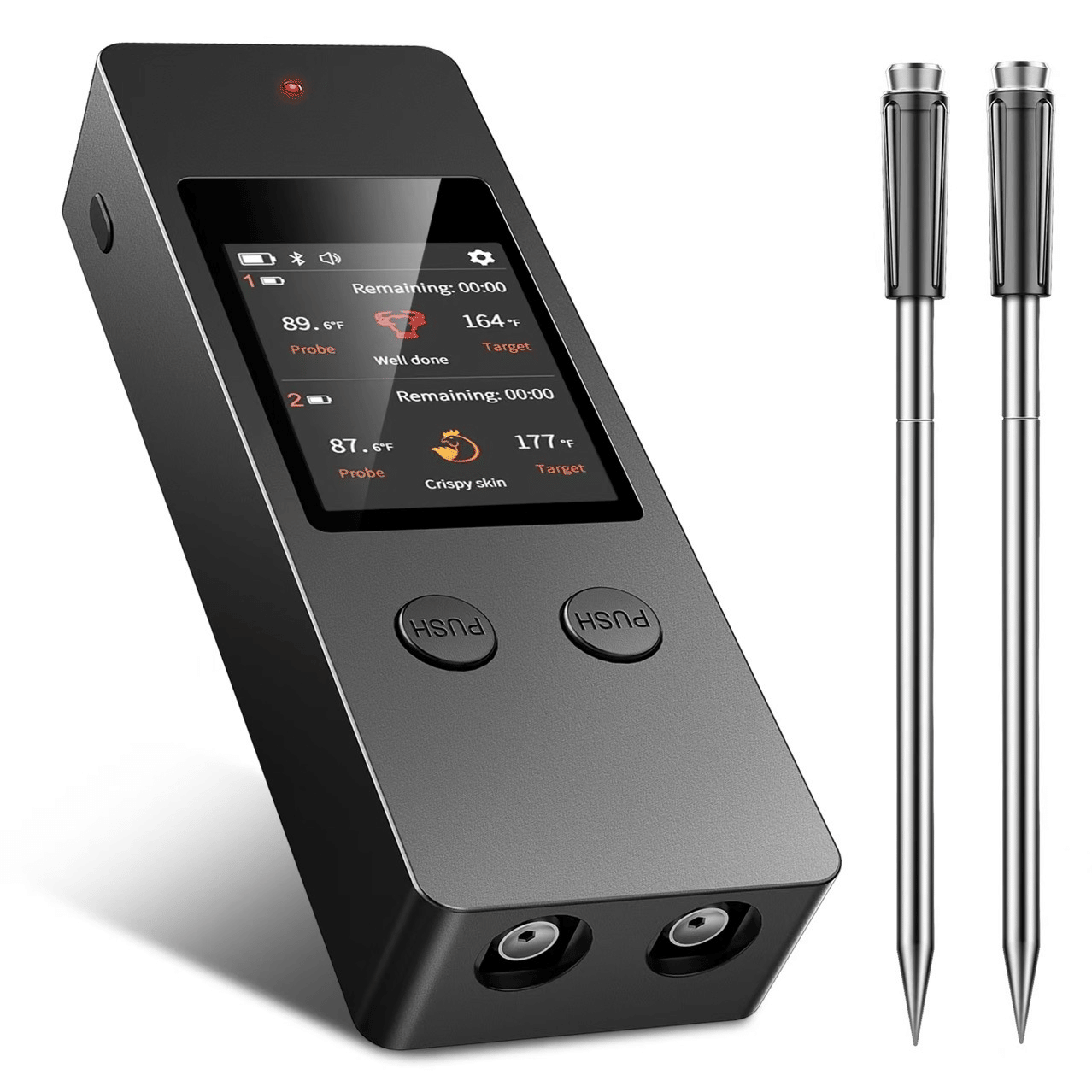 PSJX369 BBQ Meat Thermometer-SUS304 Stainless Steel with Bluetooth 5.2 Connectivity (700ft range), 24-hour battery life, 1-second response time. Features probe temperature display and audible alarm.