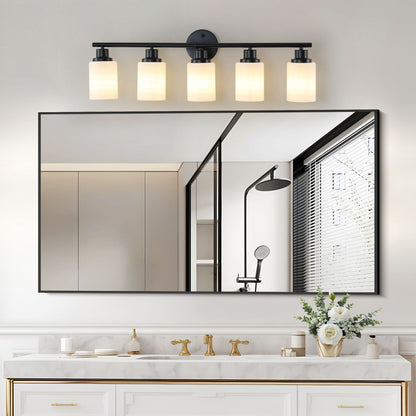 31" Modern 5-Light Vanity Bathroom Mirror Light, Frosted White Glass with Black Iron Frame, Contemporary Wall Sconce for Bedroom, Bathroom, and Dressing Room (Bulb Not Included)