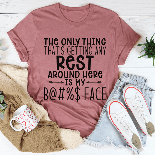 Mauve T-shirt with crew neck and large 'REST' graphic print
