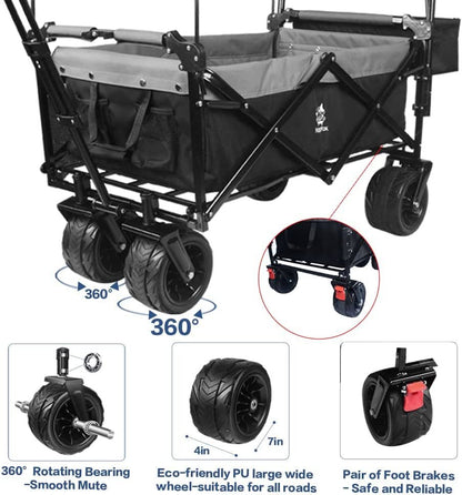 Collapsible Wagon Heavy Duty Folding Wagon Cart with Removable Canopy, 4" Wide Large All Terrain Wheels, Brake, Adjustable Handles,Cooler Bag Utility Carts for Outdoor Garden Beach