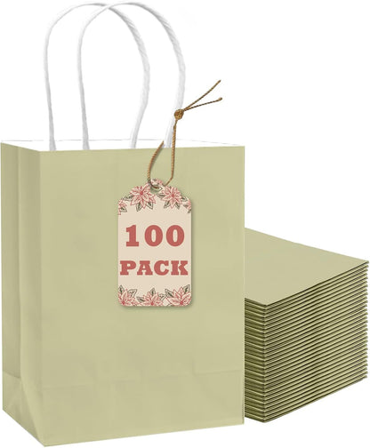 100Pcs Paper Gift Bag with Handles Eggshell Green Party Favor Bags Multiple Uses (8.3"x3"x6", Small Size)