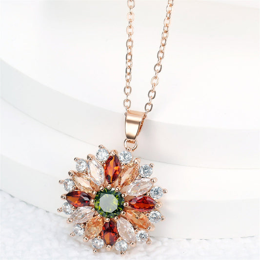 Elegant Temperament Colorful Zircon Flower Women's Pendant Necklace Mother's Day Jewelry