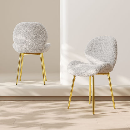 Modern minimalist white teddy velvet Dining Chairs Set of 2 with sturdy gold metal legs and comfortable backrest design, suitable for restaurants, kitchens, and offices.