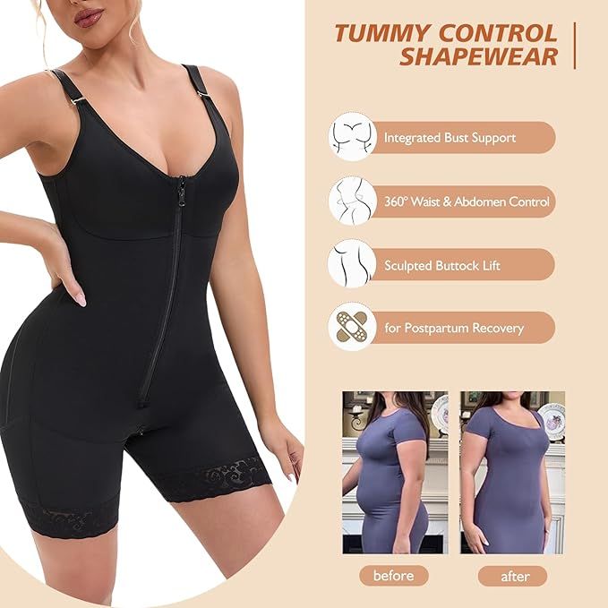 Fajas Colombianas Postpartum Full Shapewear for Women Tummy Control Body Shaper Butt Lifter with Zipper Crotch
