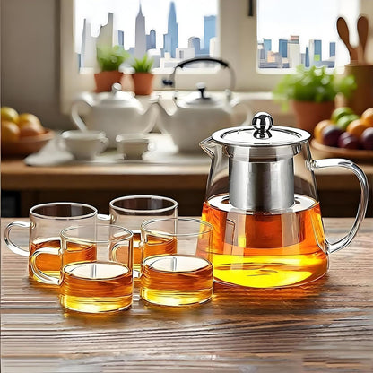 Glass Teapot Stovetop with Infuser Set High Temperature Resistant Borosilicate Clear Tea Kettle with Glass Cup as Home Tea Tools Gifts for Home Kitchen and Office
