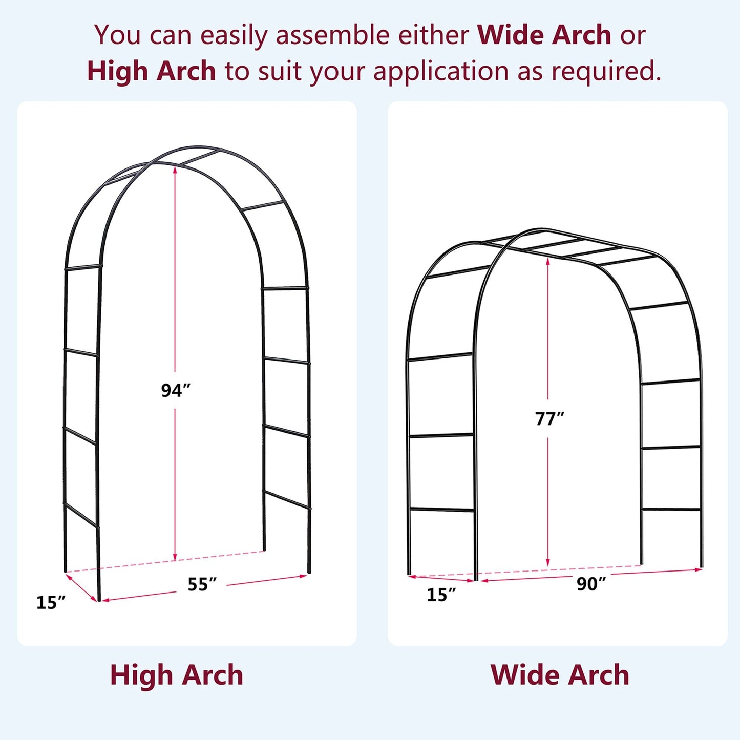 78"H x 45"W Metal Garden Arch Trellis; Adjustable Arbor Trellis for Garden Climbing Plants Support or Wedding Decor,Black
