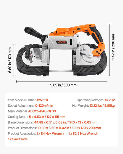 20V Portable Cordless Band Saw 5 Inches Deep Cut Variable Speed (Bare Tool)