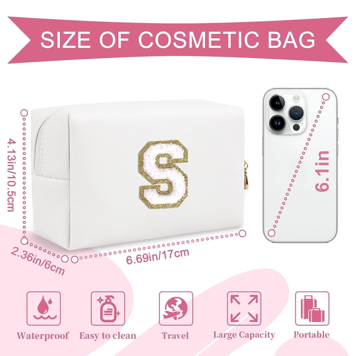 Small Personalized Initial A-Z Preppy Patch Makeup Bag,White PU Chenille Letter Travel Cosmetic Pouch with Zipper,Cute Toiletry Bag,Gift Ideal for Teen Girls Women Teacher Bridesmaid,Letter S
