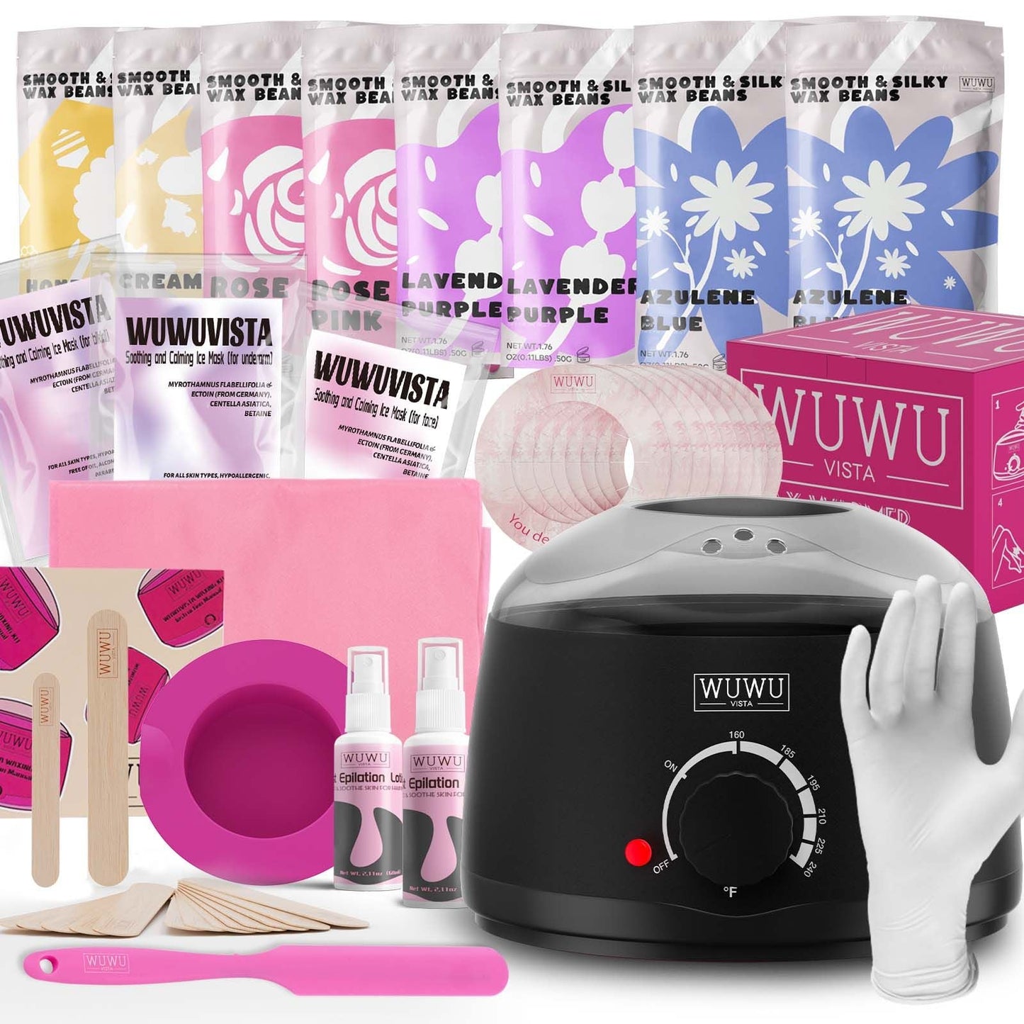 Waxing Kit 69 items - WUWUVISTA Hair Removal Hard Wax kit with Wax Warmer, Wax Beads for Face/Brazilian/Body/Sensitive Skin