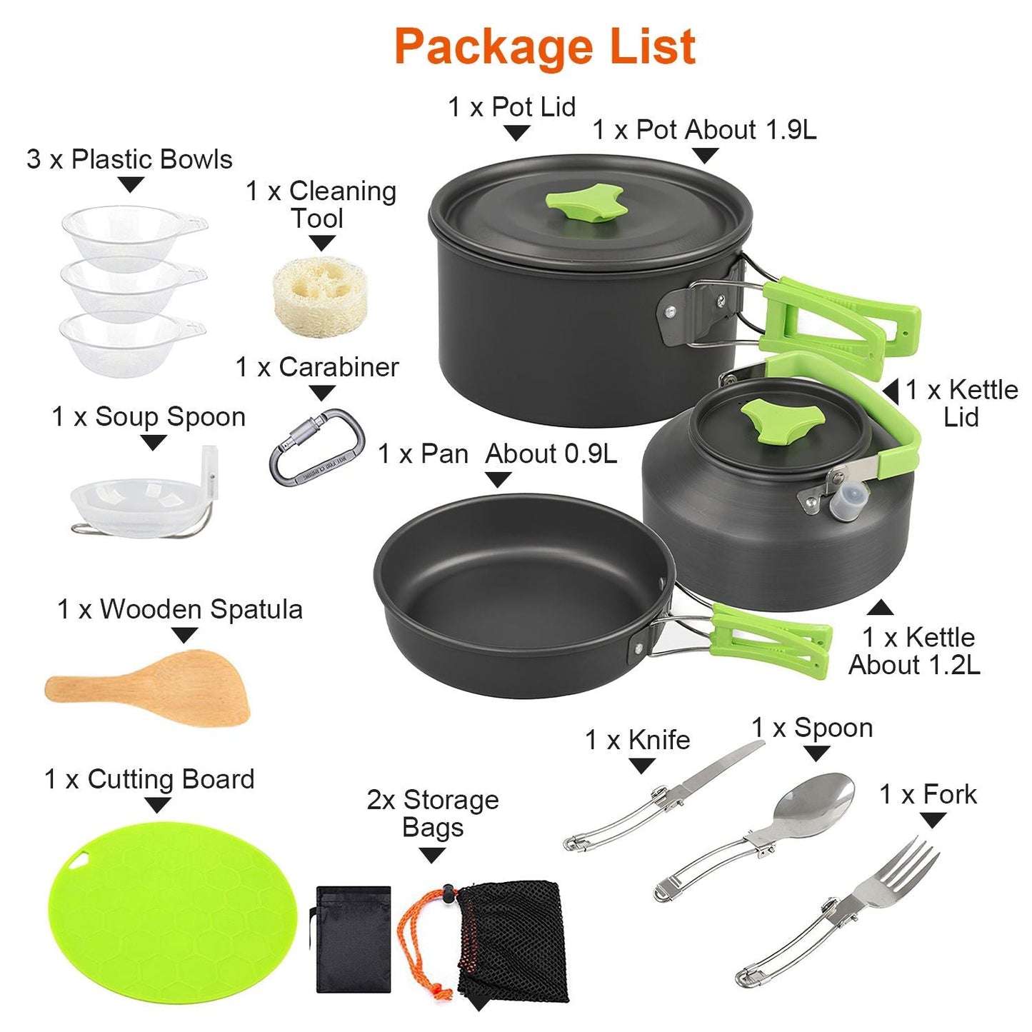 Camping Cooking Ware Set of 16Pcs Camping Stove Cookware Kit Aluminum Kettle with Bowls Knife Fork Spoon Carabiner Spatula Cutting Board for Hiking Picnic Outdoor