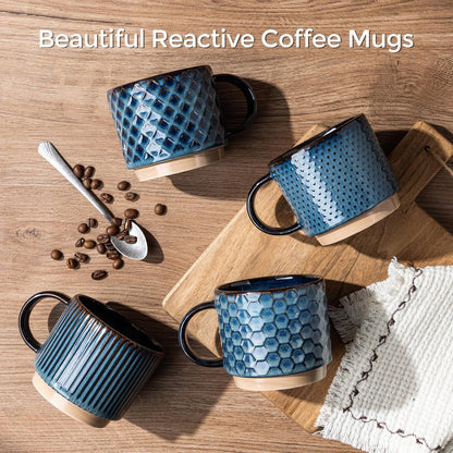 12 OZ Stackable Coffee Mugs, Ceramic Coffee Mugs with Texture Patterns for Man,Woman,Dad,Mom, Modern Coffee Mugs Set of 4 for Latte/Cappuccino/Cocoa. Dishwasher&Microwave Safe