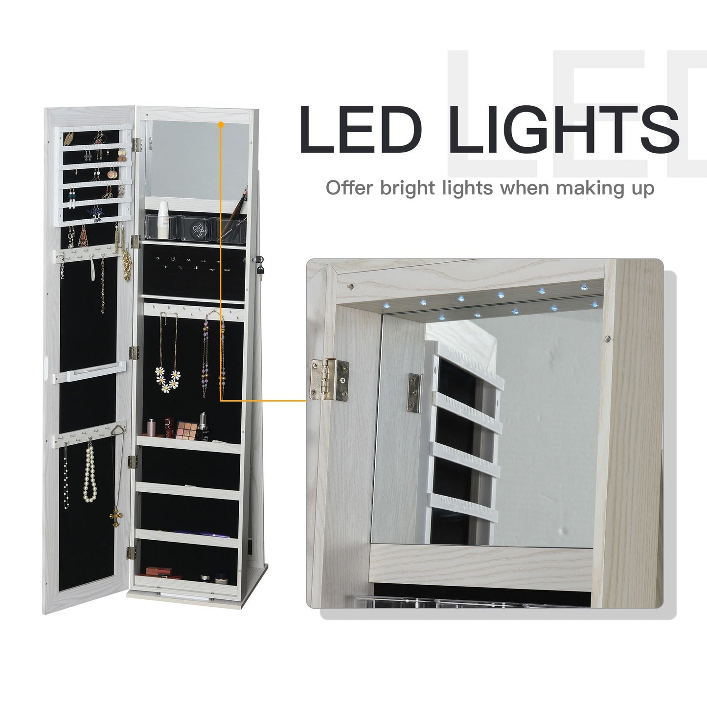 Lockable Jewelry Cabinet Standing Armoire Full Length Mirror LED Lights White Jewelry Organizer