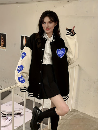 Preppy Heart Print Striped Trim Hem Patchwork Bomber Jacket, Casual Winter Oversized Coat, Women's Clothing