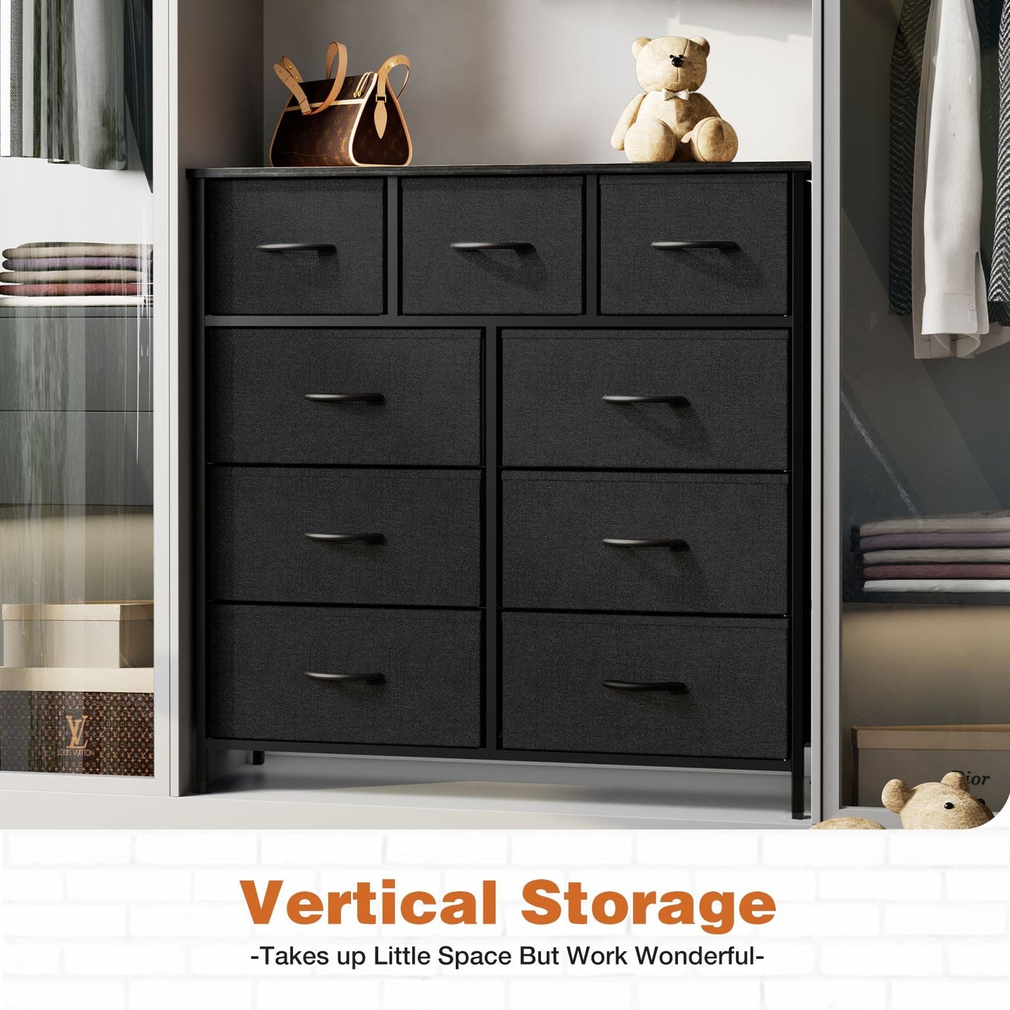 Dresser For Bedroom With 9 Fabric Storage Drawer Wardrobe Tall Chest Organizer Closet Adult Kids Clothes Cabinet Furniture