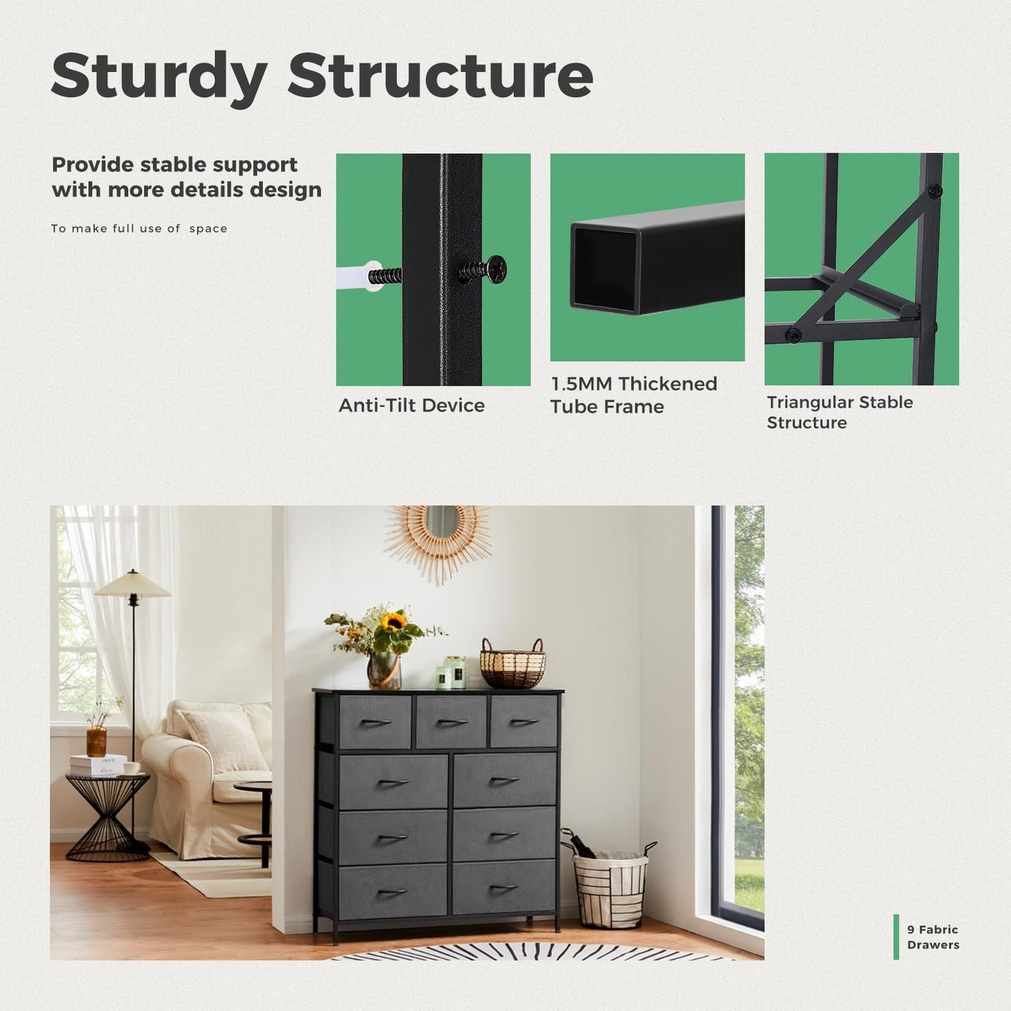 Dresser For Bedroom With 9 Fabric Storage Drawer Wardrobe Tall Chest Organizer Closet Adult Kids Clothes Cabinet Furniture