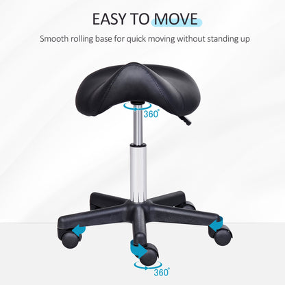 Rolling Saddle Stool, Swivel Salon Chair, Ergonomic Faux Leather Stool, Adjustable Height with Wheels for Spa, Salon, Massage, Office, Black