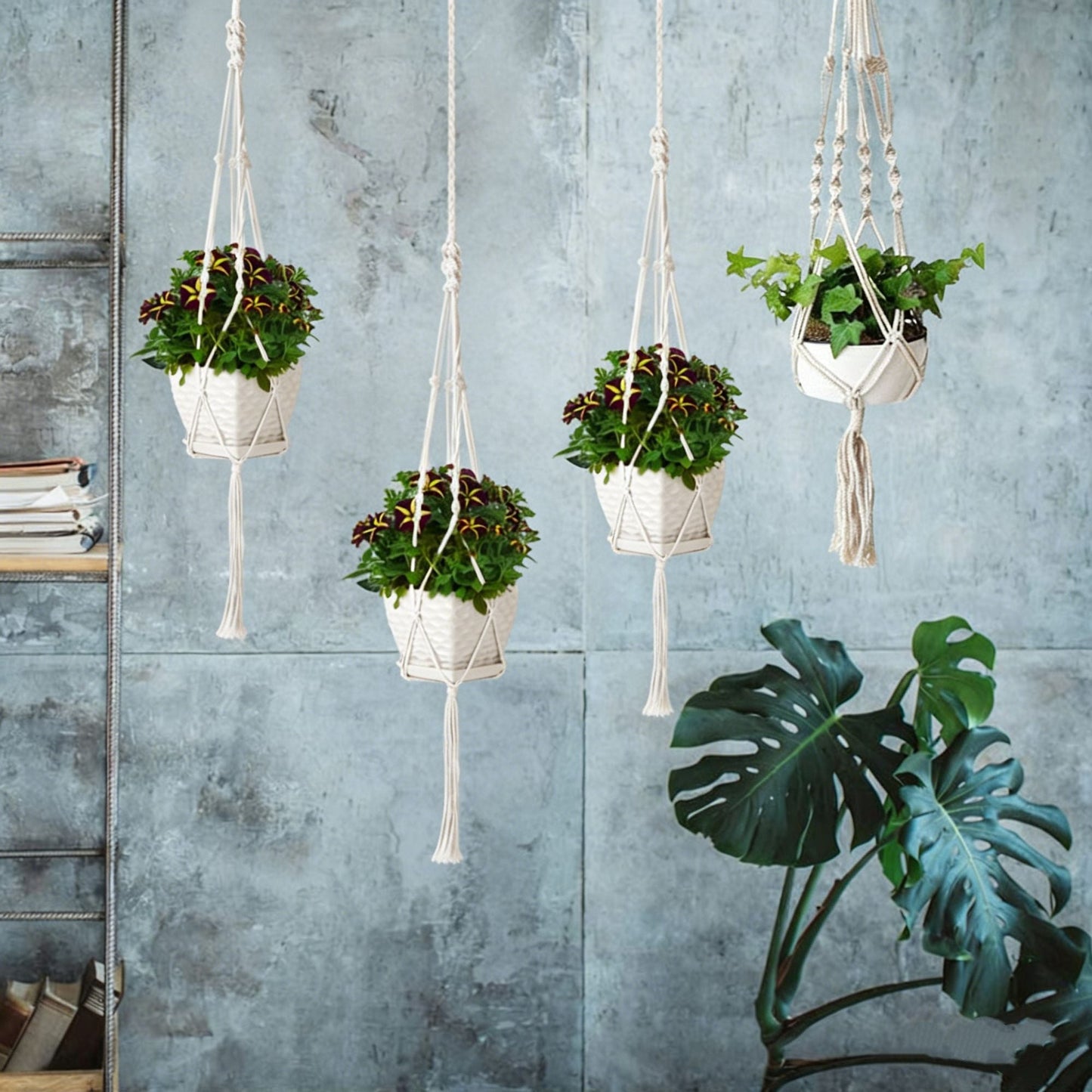 4 PCS Heavy Duty Hanging Plant Holder Natural Cotton Rope Planter Basket with Hanging Ring,Eco-Friendly Hanging Planter Basket Durable Cotton Rope Plant Hanger Space Saving for Indoor Outdoor Garden