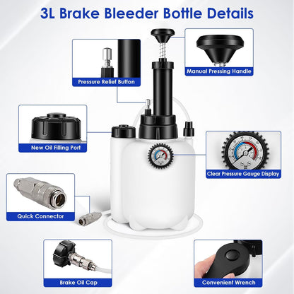 1Pc 3L Manual Brake Bleeder Kit One Person Brake Bleed Vacuum Pump Automotive Brake Fluid Bleeding Kit with 1L Waste Oil Bottle 4 Master Cylinder Adapters Gloves Funnel Fit for Most Vehicles