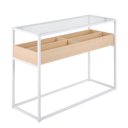 Display Contemporary Console Table in White Metal, Natural Wood, and Clear Glass by