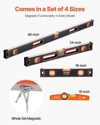 VEVOR 4-Piece Torpedo Level, 48/24/16/10 Inch All Magnetic Levels Set, Fluorescent Light Up Bubble Vials Ruler for 45/90/180 Degree, Aluminum Alloy Magnetic Box Leveler Tool, SAE and Metric Scale