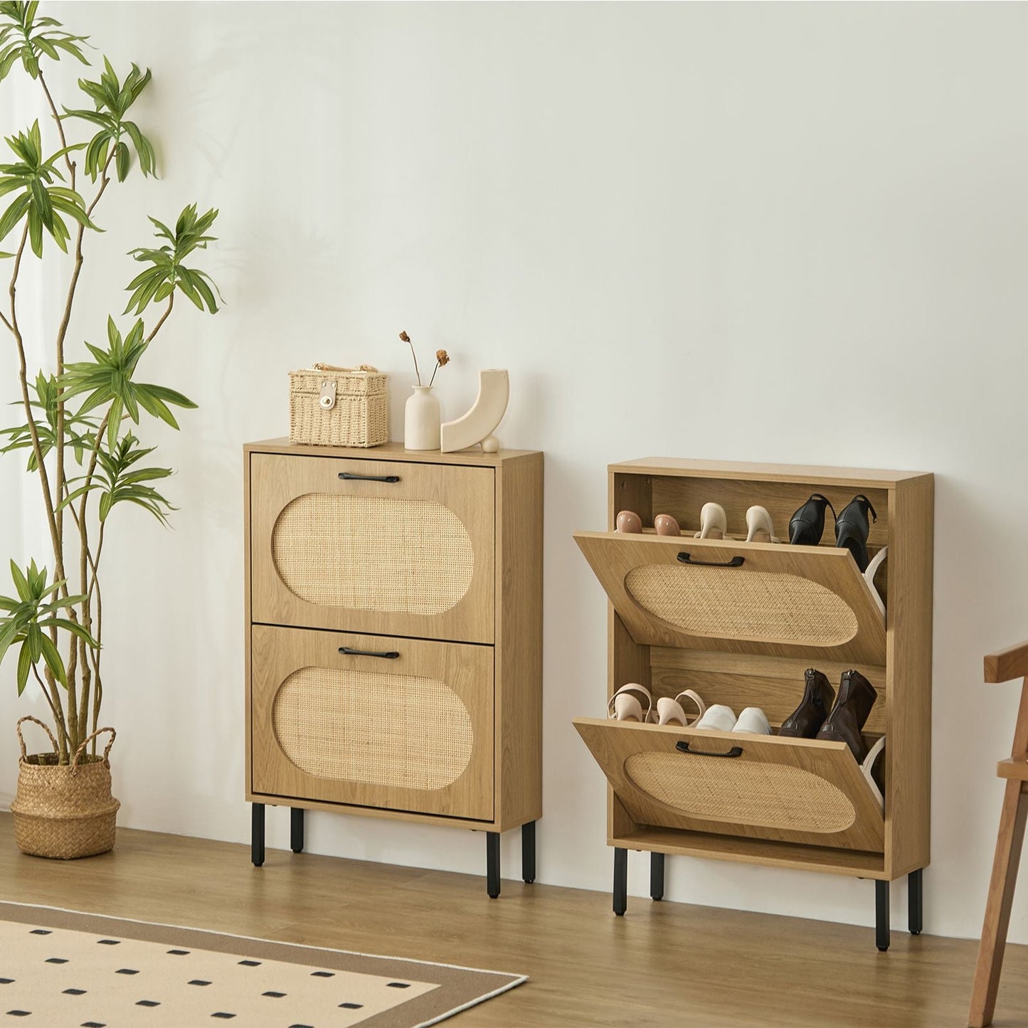 Rattan Shoe Cabinet with 2 Flip Doors, Narrow Freestanding Shoe Organizer, Modern Narrow Shoe Storage Cabinet with Metal Legs for Entryway, Hallway, Closet (Natural)