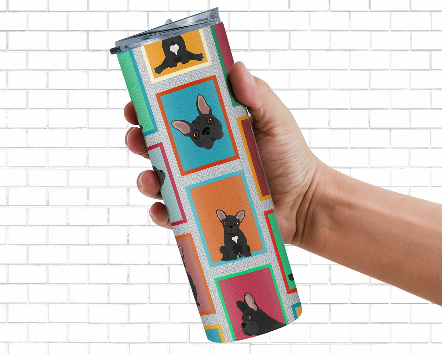 Lots of Black French Bulldog Stainless Steel Skinny Tumbler Vacuum Double Walled Reusable Insulated Tumbler Travel Cup for Coffee Cocktails Gift with Lid, 20 oz