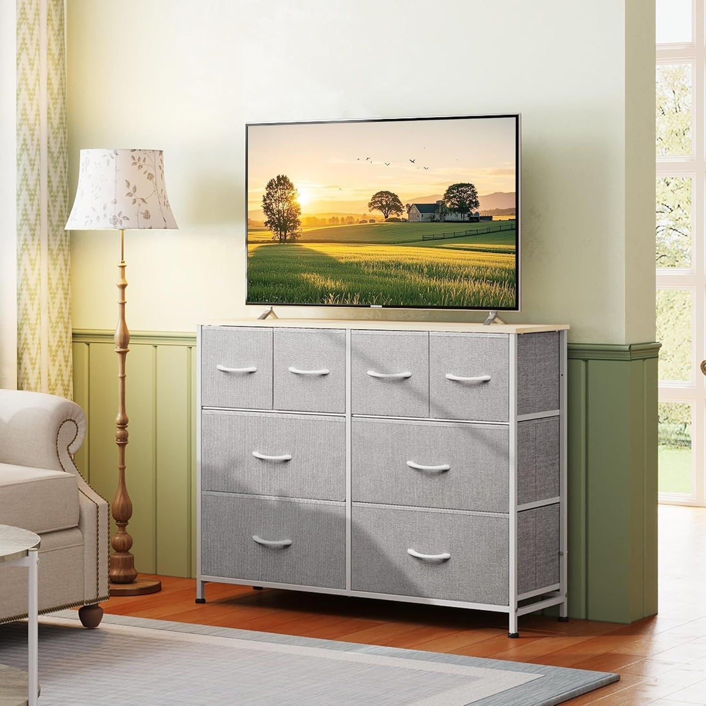 Dresser for Bedroom with 8 Drawers, Wide Fabric Dresser for Storage and Organization, Chest of Drawers, Dressers for Living Room, Closet, Hallway, Dark Grey