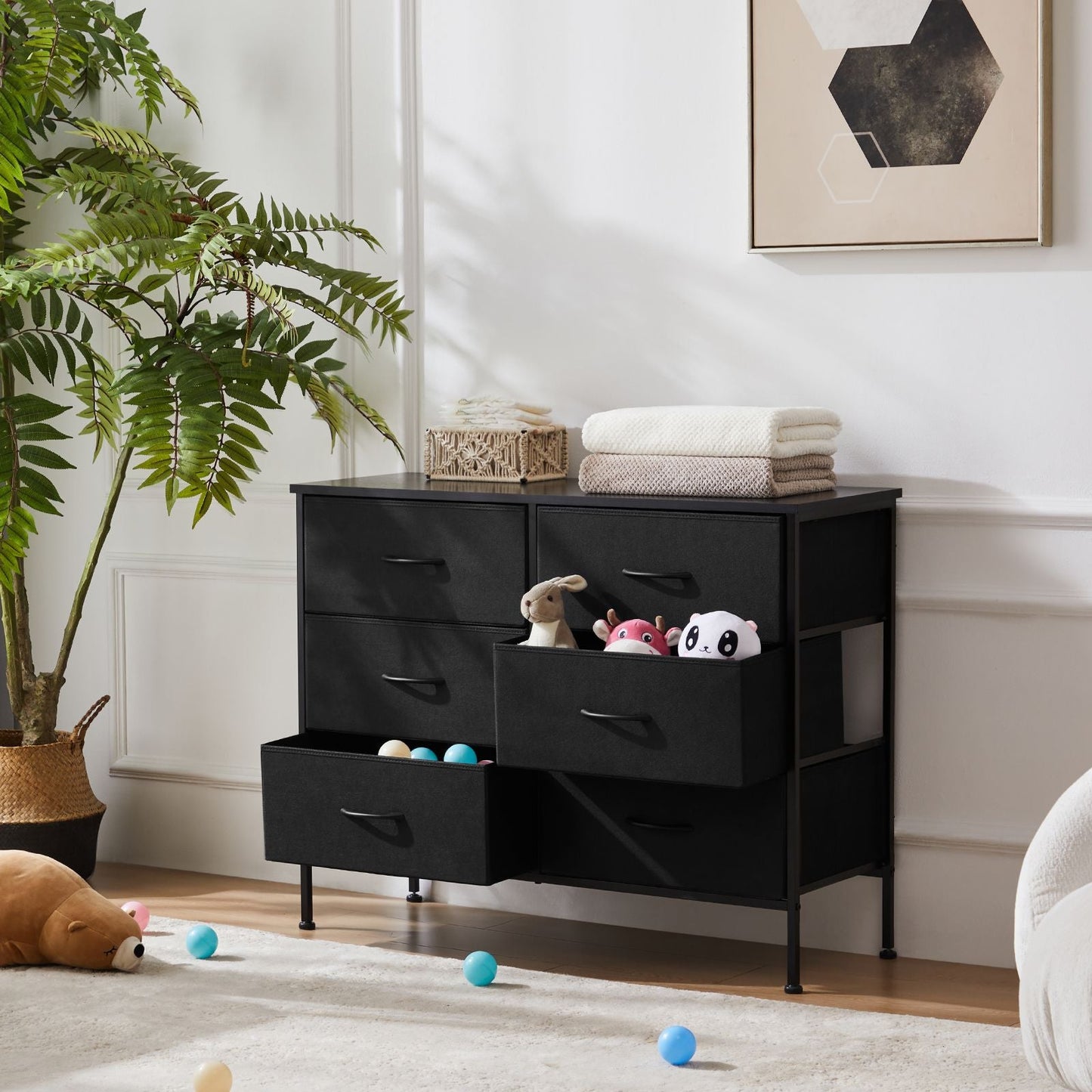 Dresser for Bedroom 6 Drawers Wide Fabric Storage Units Chest of Drawers for Bedroom with Metal Frame and Wooden Top for TV