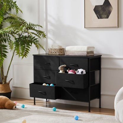 Dresser for Bedroom 6 Drawers Wide Fabric Storage Units Chest of Drawers for Bedroom with Metal Frame and Wooden Top for TV