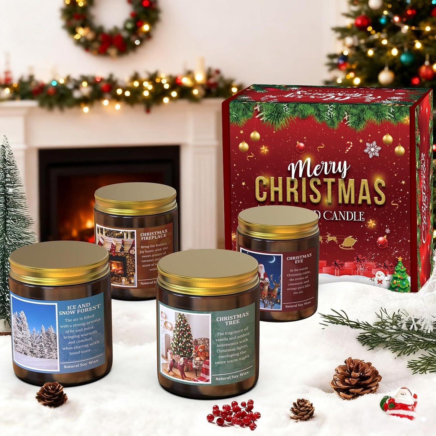 Christmas Scenes Candle Set Gifts- Perfect for Home Decor Holiday Scented Candles, 4 Pack Soy Candles for Men and Women, New Year Aromatherapy (Christmas Set)