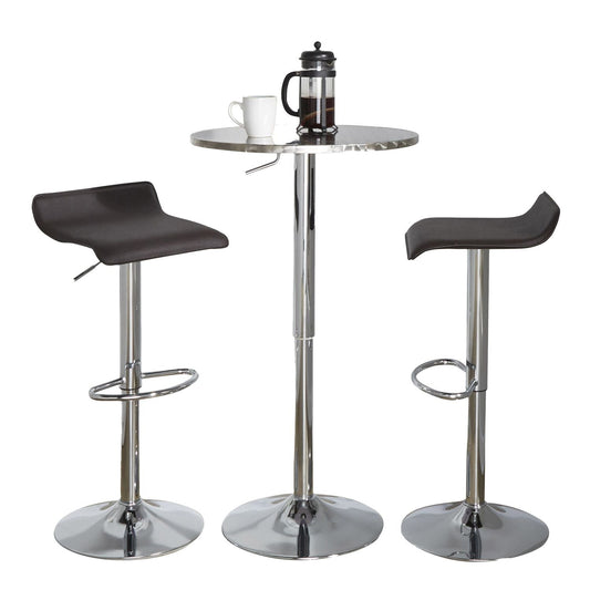 Bistro Round-Ale Contemporary Adjustable Bar Set in Silver and Chrome Metal with Brown PVC and Oval Footrest by - 3 Piece