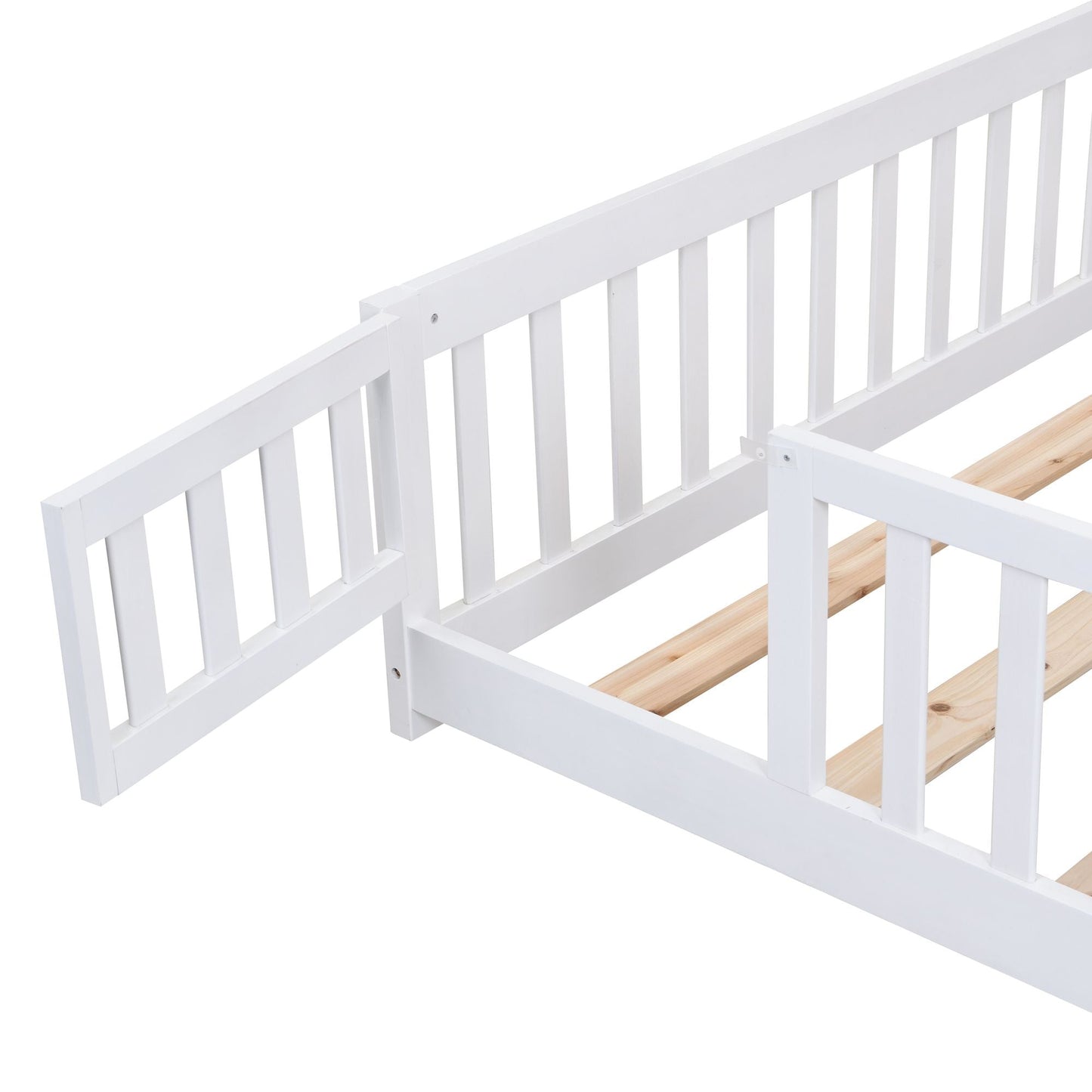 Full Size Floor Bed with Door, Solid Wood Platform Bed Frame with Fence, Suitable for children, Pine Wood