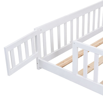 Full Size Floor Bed with Door, Solid Wood Platform Bed Frame with Fence, Suitable for children, Pine Wood