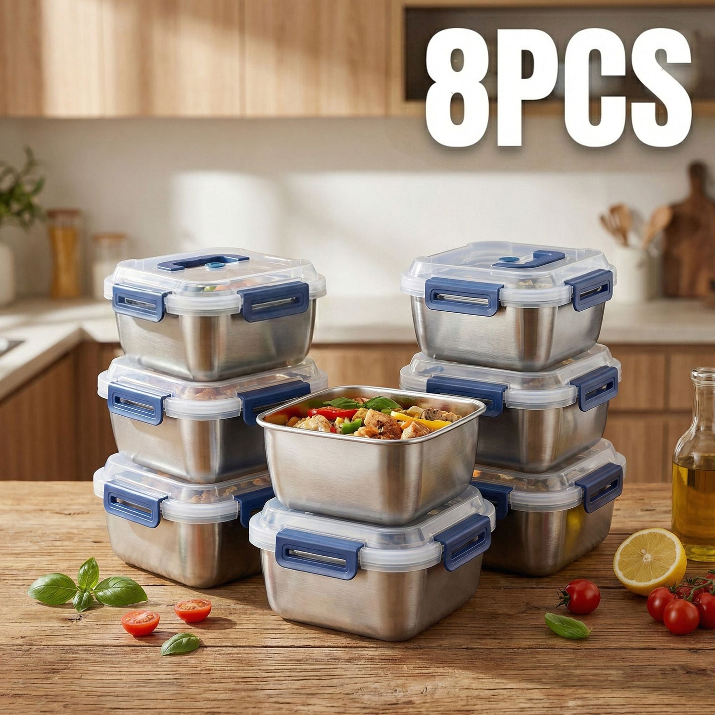 Yakimoto 2/4/6/8/10 PCS Extra-Large Stainless Steel Food Storage Containers With Blue Lids - Deep Design, Airtight Seal, Perfect For Refrigerator Organization, Meal Prep, Lunch Boxes & Kitchen Pantry