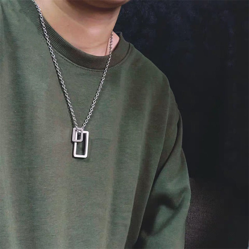 Trendy Necklace Simple Geometric Double Vertical Rectangle Outline Bar Necklace Fashion Chain Necklace for Men Women