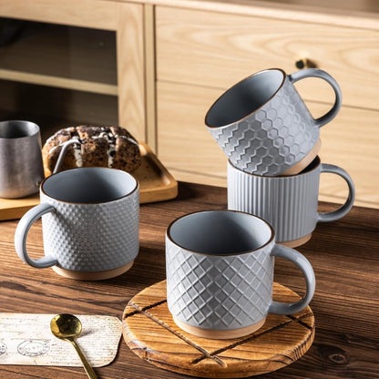 12OZ Stackable Coffee Mugs, Ceramic Coffee Mugs with Texture Patterns for Man,Woman,Dad,Mom, Modern Coffee Cups Set of 4 for Latte/Cappuccino/Cocoa. Dishwasher&Microwave Safe, Gray