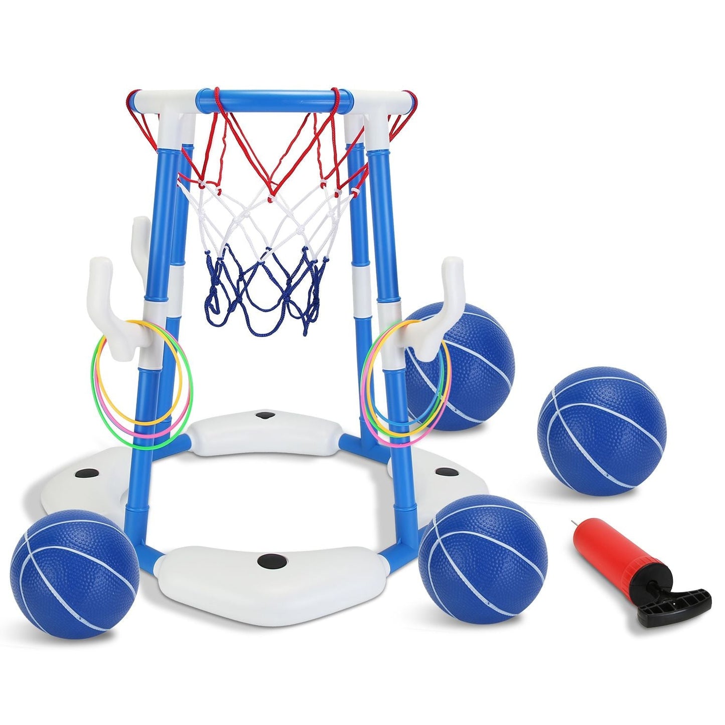 Summer Pool Basketball Hoop Toy Set With 4 Basketballs 4 Circles Pump Floating Swimming Pool Basketball Games Poolside Water Play Toy For 3-12Years Old Kids Adults