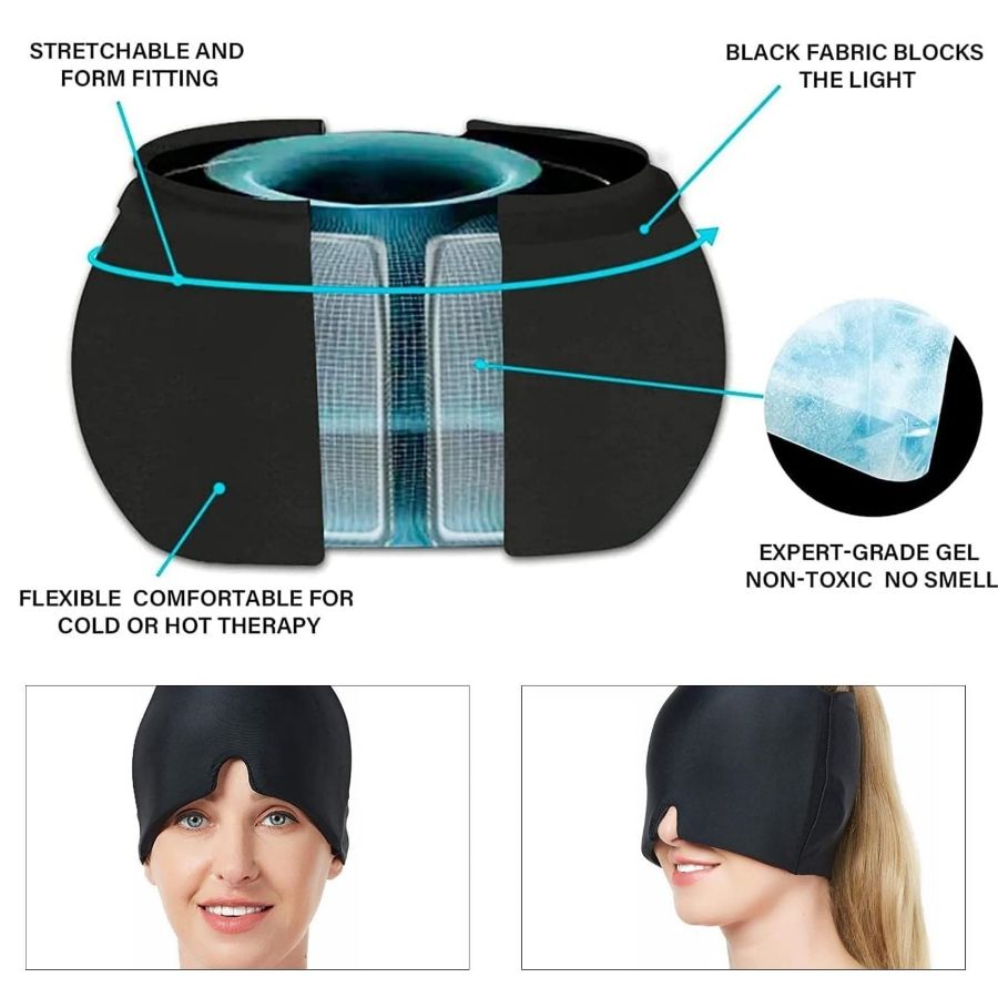 360° Migraine Relief Gel Hat - Hot Cold Therapy Pain Mask for Instant Relief & Pressure Release with Eye Masks Included