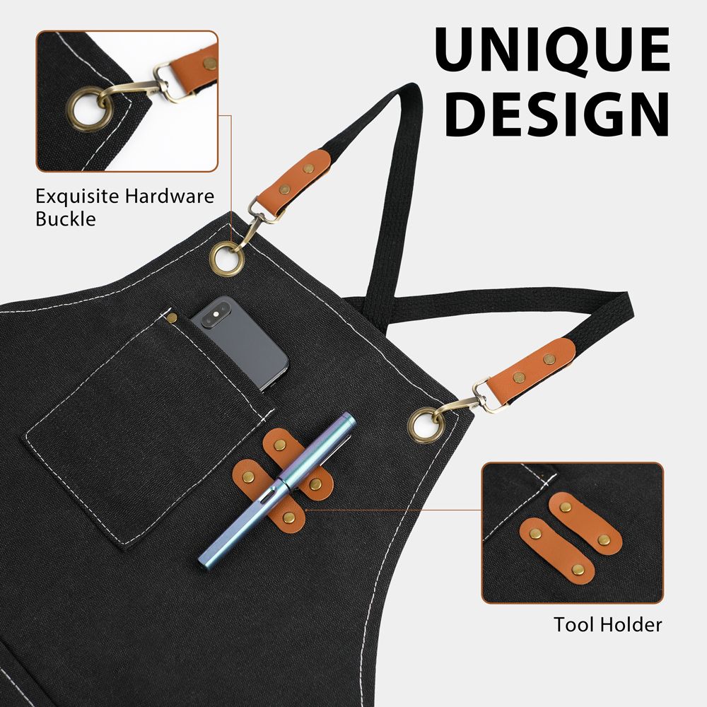 Xemussa Chef Aprons for Men Women with Large Pockets, Cotton Canvas Cross Back Heavy Duty Adjustable Work Apron, Size M to XXL