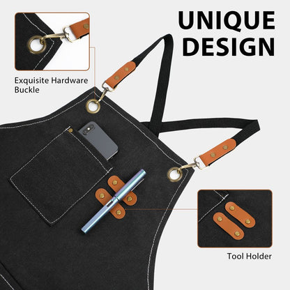 Xemussa Chef Aprons for Men Women with Large Pockets, Cotton Canvas Cross Back Heavy Duty Adjustable Work Apron, Size M to XXL