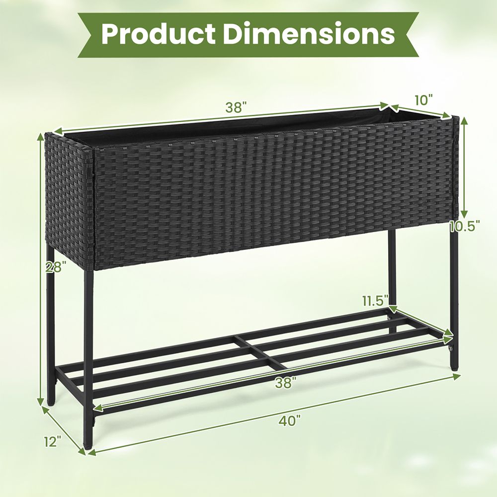 Raised Wicker Garden Bed with Storage Shelf and Removable Liner