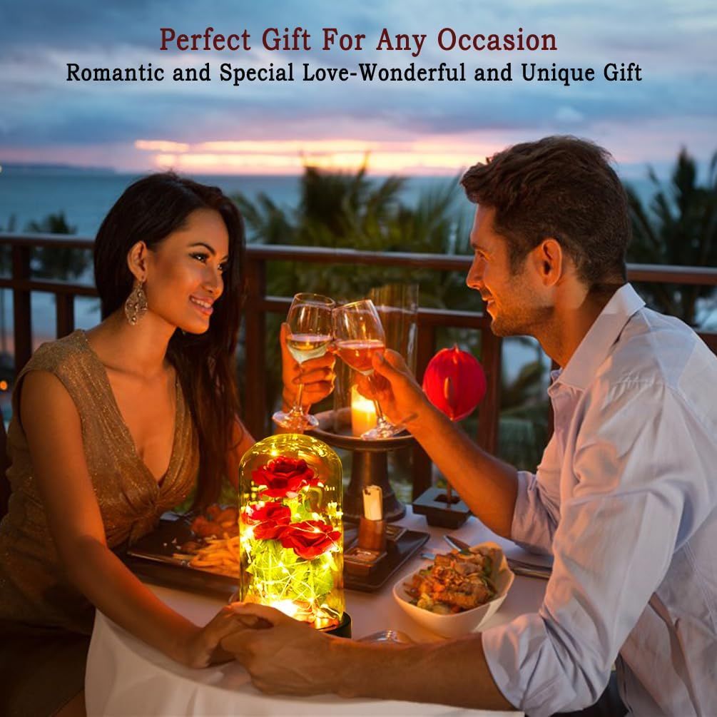 Valentines Day Gifts for Her,Valentines Decor Beauty and The Beast Rose Flowers with 40 LED Lights Rose in Glass Dome,Enchanted Rose Valentines Flowers Birthday Gifts for Women Girlfriend Mom Wife