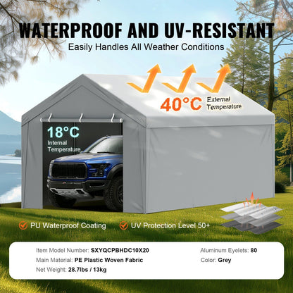 VEVOR Carport Replacement Canopy Cover Top + Side Wall 10 x 20 ft, Garage Tent Shelter Tarp Heavy-Duty Waterproof & UV Protected, Easy Installation with Ball Bungees,White (Frame Not Included)