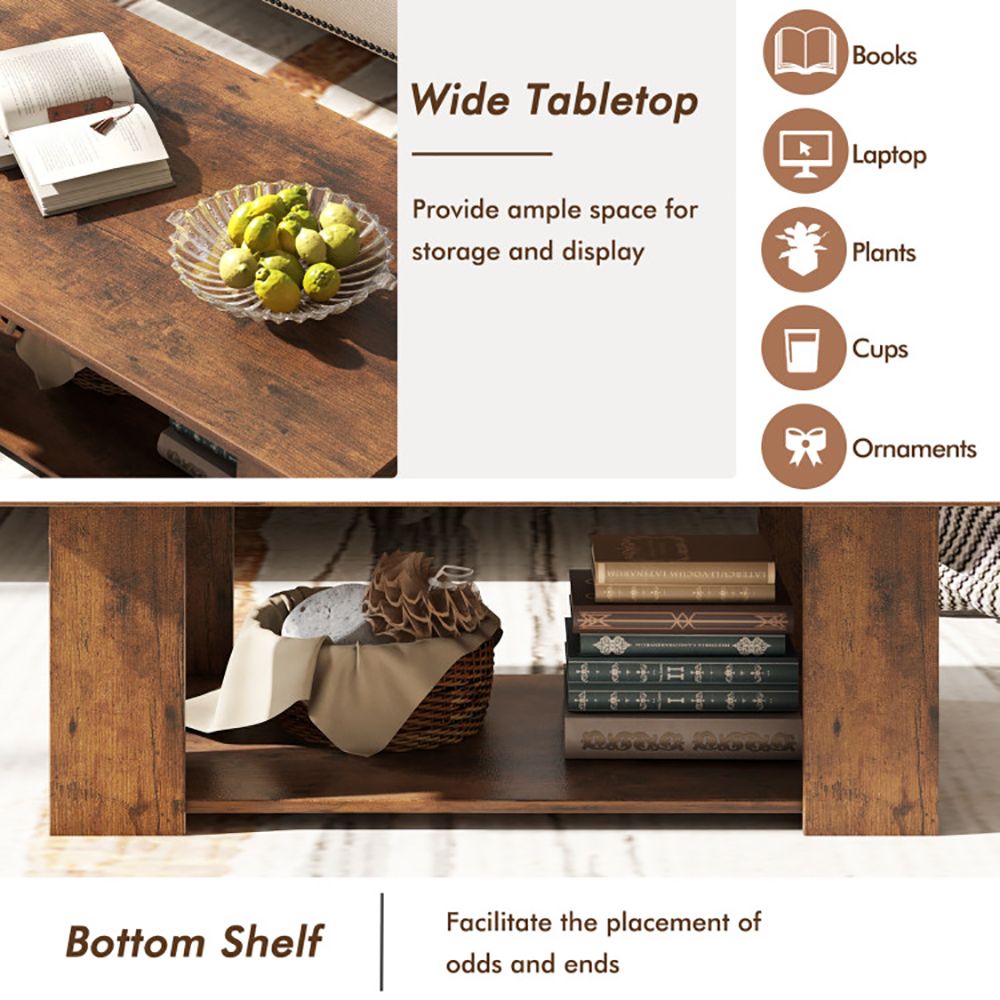 Large 41 Inch 2-tier Wooden Modern Coffee Table with Storage Shelf living room table