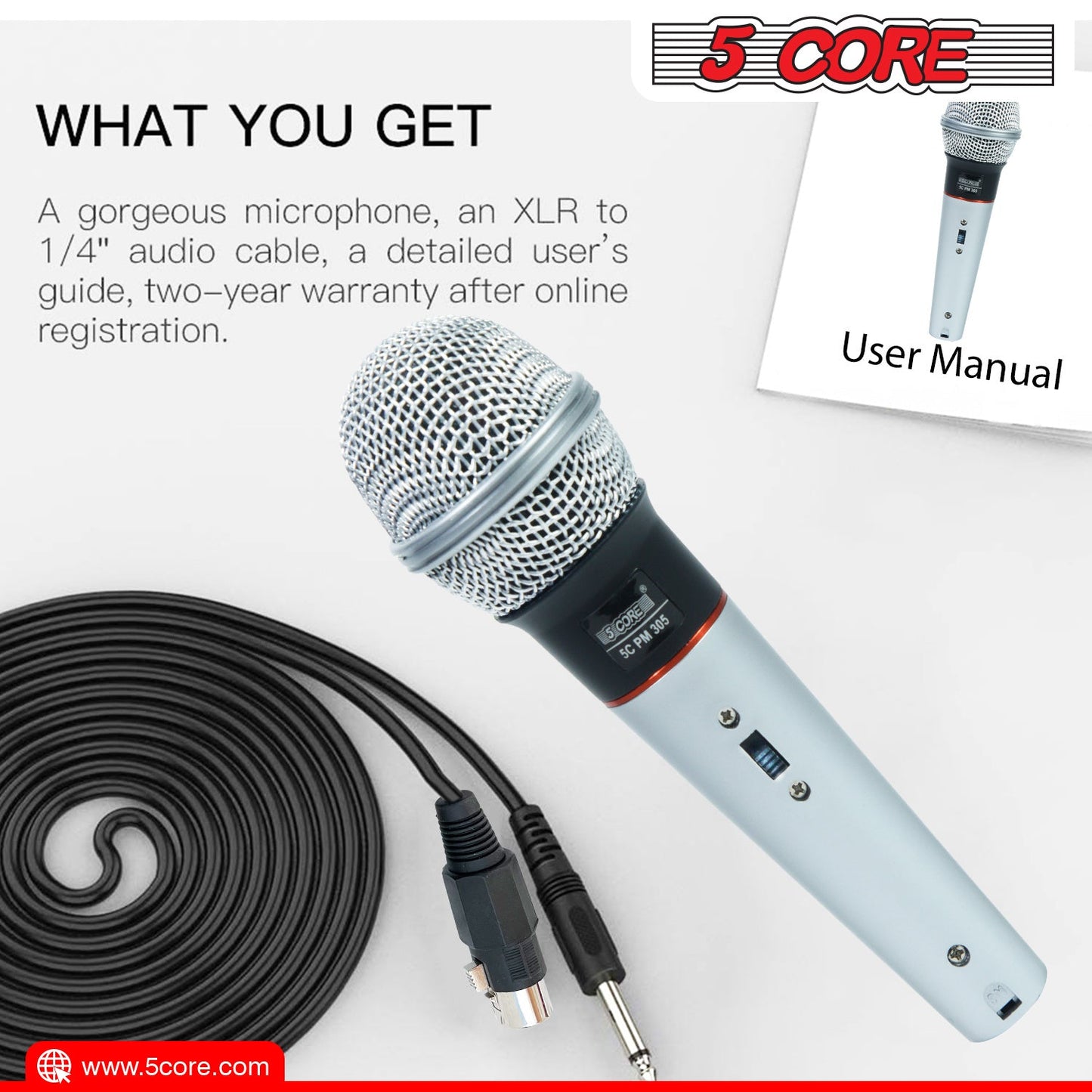 5 Core Microphone Wired Dynamic Vocal Handheld Mic Cardioid Karaoke Unidirectional Microfono w On and Off Switch Includes XLR Audio Cable for Singing, Public Speaking & Parties PM 305