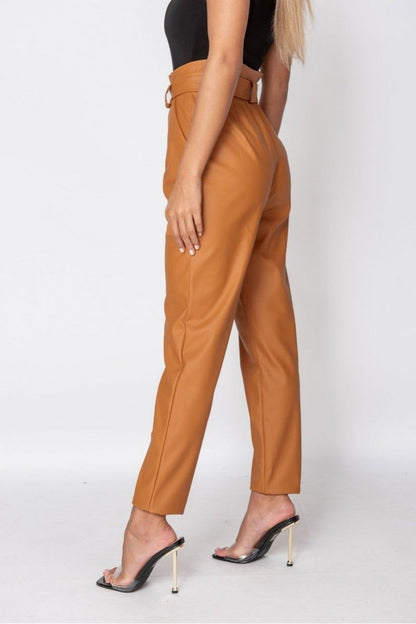 RUST FAUX LEATHER PAPERBAG WAIST TROUSERS