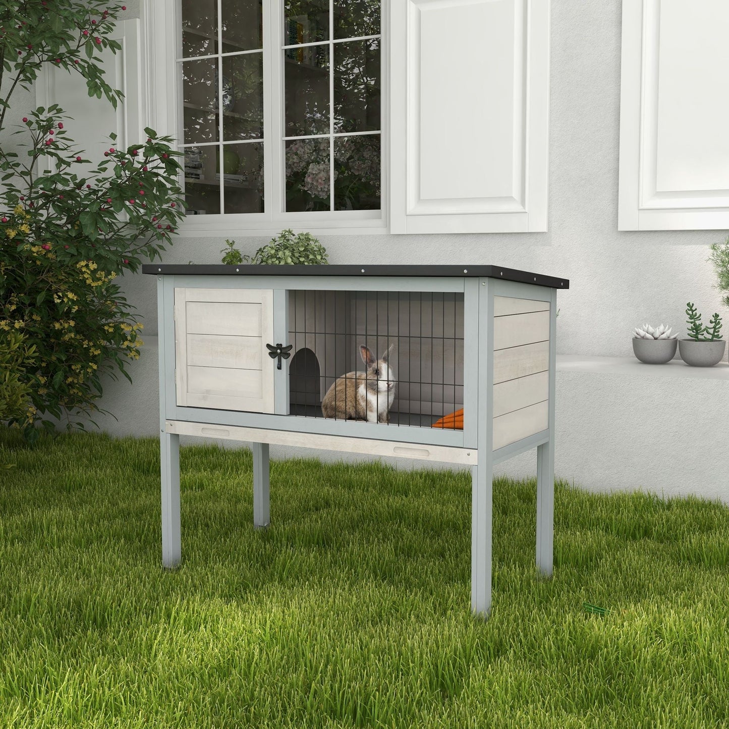 Elevated Rabbit Hutch, Wooden Bunny Cage with Hinged Asphalt Roof and Removable Tray, for Indoor/Outdoor, Gray