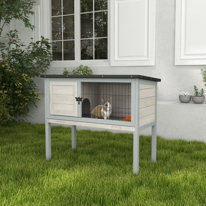 Elevated Rabbit Hutch, Wooden Bunny Cage with Hinged Asphalt Roof and Removable Tray, for Indoor/Outdoor, Gray